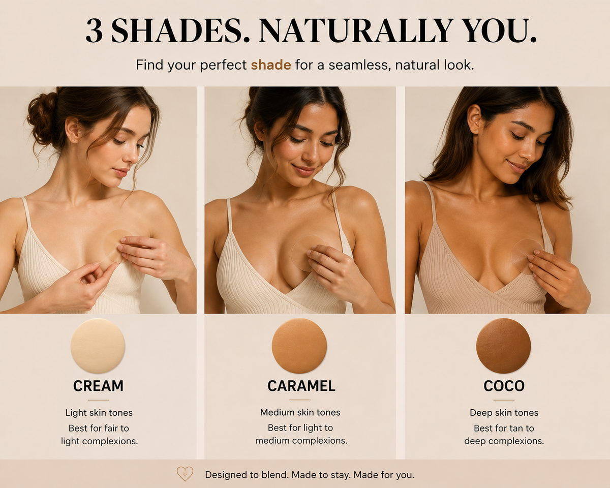 NippyLuv nipple covers in three shades — Cream, Caramel and Coco — shown across different skin tones