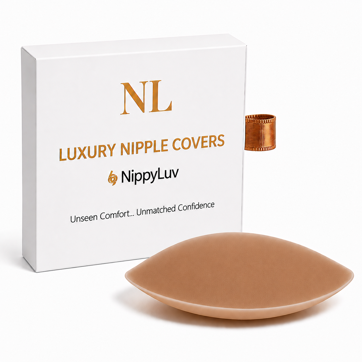 A NippyLuv Luxury Nipple Cover in a beige, coco color, displayed in front of its white packaging box with gold lettering.