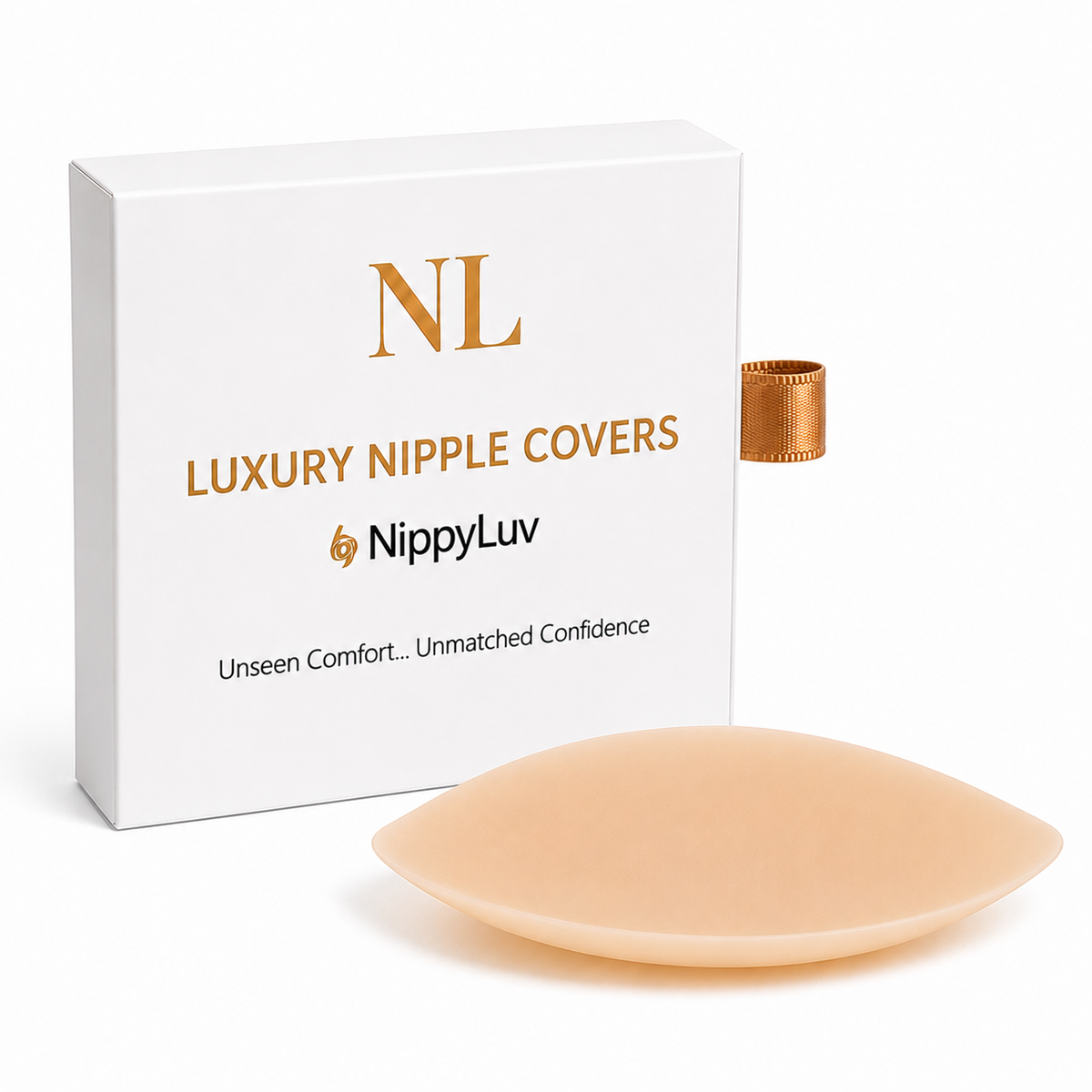A cream-colored silicone nipple cover shown in front of its white packaging box with gold lettering. The box displays the brand 'NippyLuv' and the product name 'Luxury Nipple Covers'.