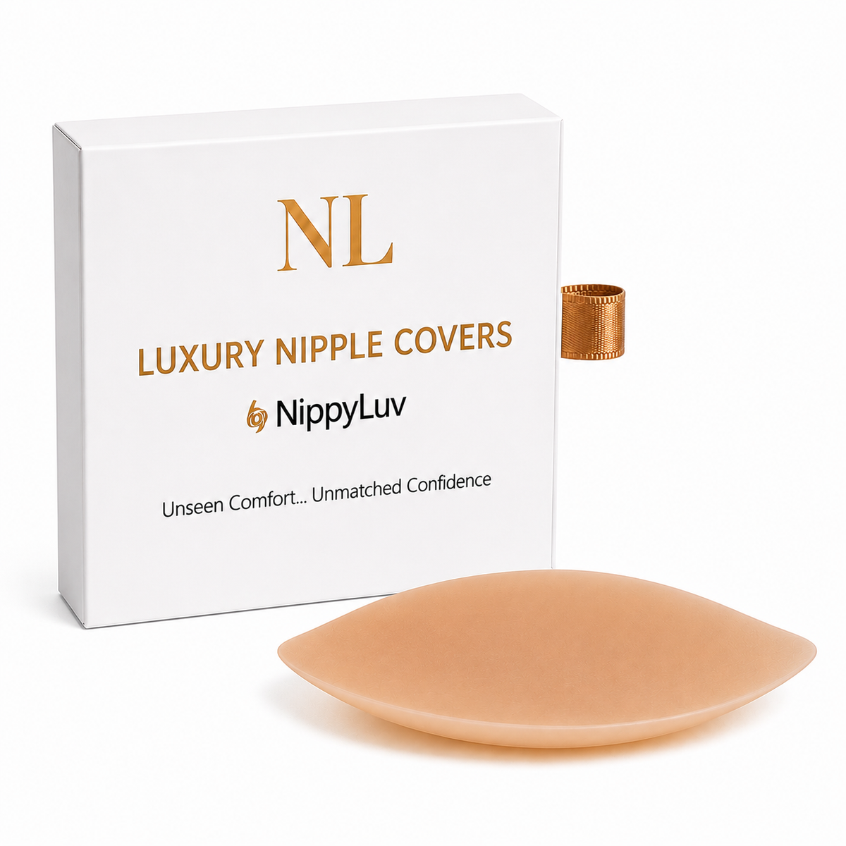 A light-skin colored silicone nipple cover shown in front of its white packaging box with gold lettering, which is branded Nippyluv